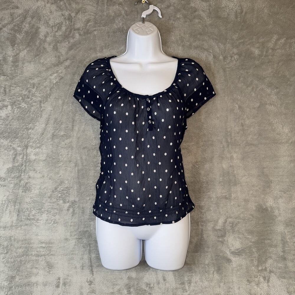 Y2K Hollister Sheer Polka Dot Top Size XS Preppy Navy Dainty Soft Girl